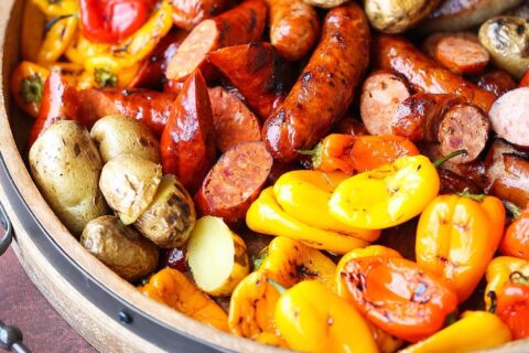 Grilled Sausages, Peppers and Potatoes